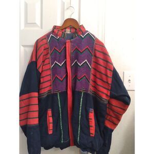 Vintage Geometric Pattern Bomber Jacket Navy Red Purple Aztec‎ Design Streetwear